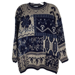 Vintage Arielle Sweater Floral Patchwork Blue Tan Grannycore Medium Made in USA